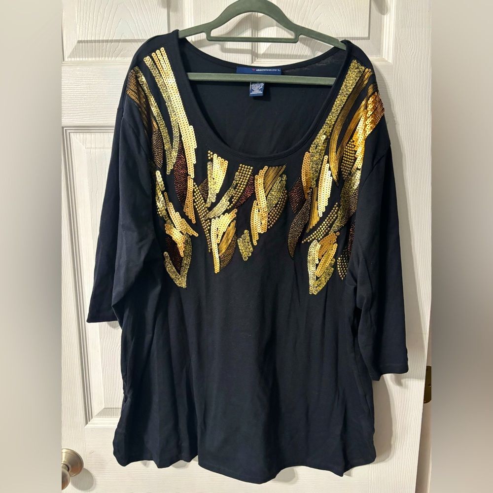 Denim 24/7 Top Plus Size 1X Beaded Sequins Stretch 3/4 Sleeve Pullover Gold